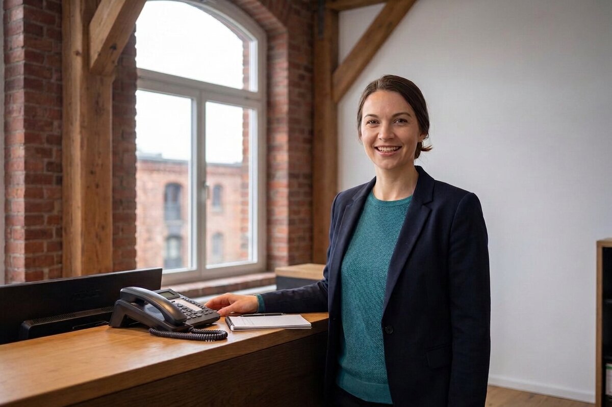 Katrin Neumann, Sekretariat der Sandtorkai Treuhand GmbH, am Empfang der Kanzlei