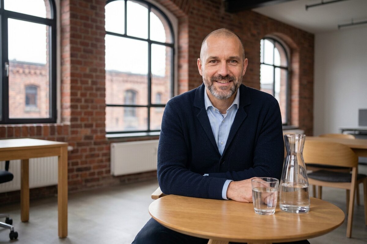 Frank Schäfer, Beratung und Entschuldung bei der Sandtorkai Treuhand GmbH, am Beratungstisch der Kanzlei