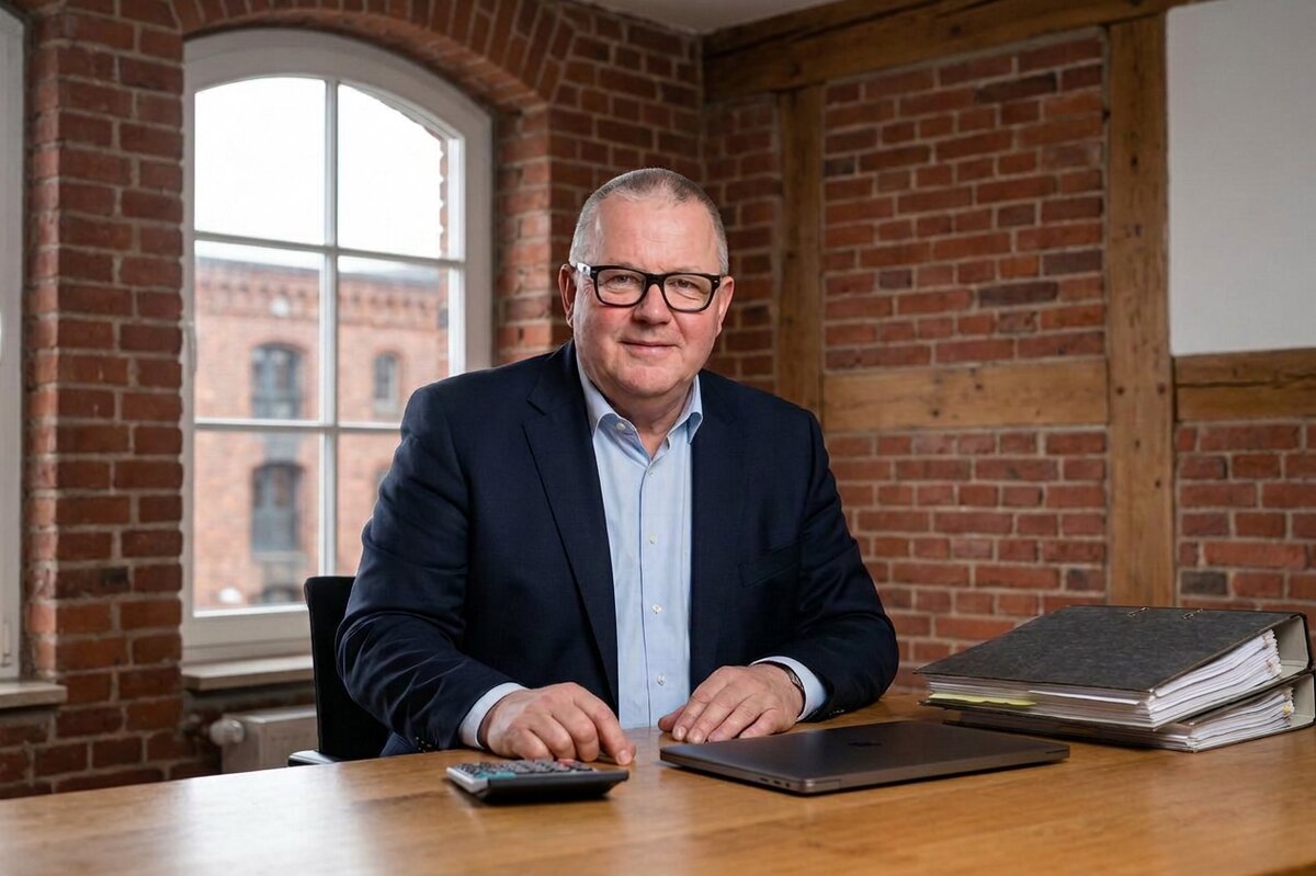 Dr. Ralf Schmidt, Steuerberater der Sandtorkai Treuhand GmbH, an seinem Schreibtisch